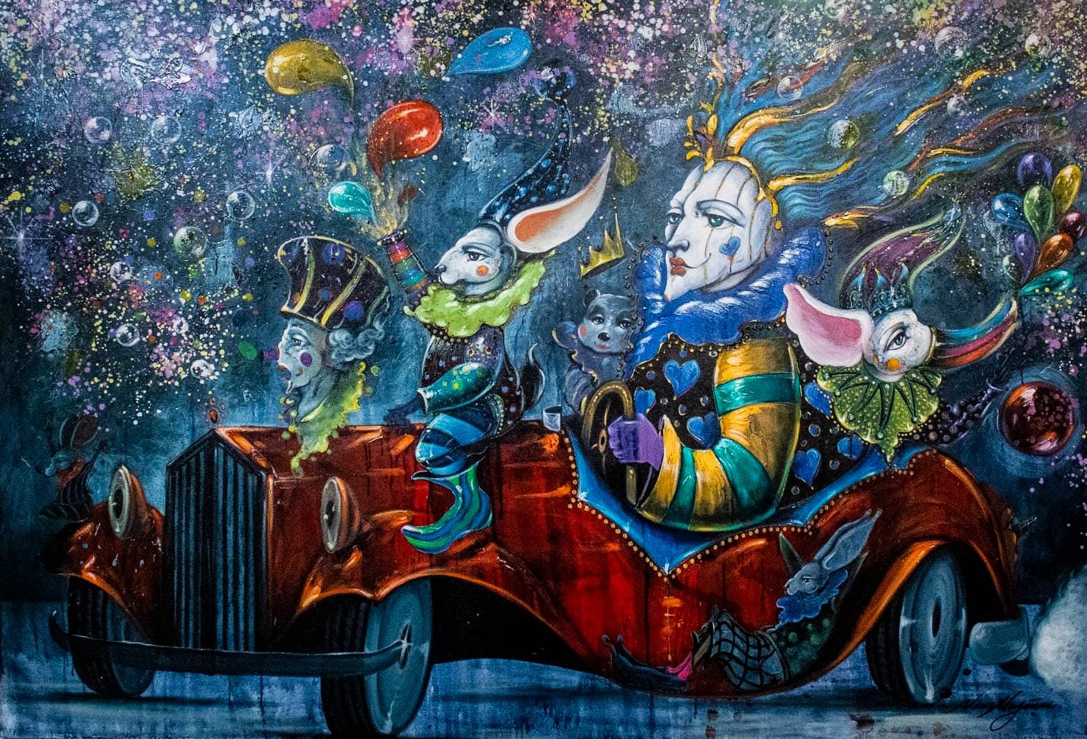 Ride in Car With My Friends by Nino Magaña, oil on canvas surrealist painting at El Dorado Gallery