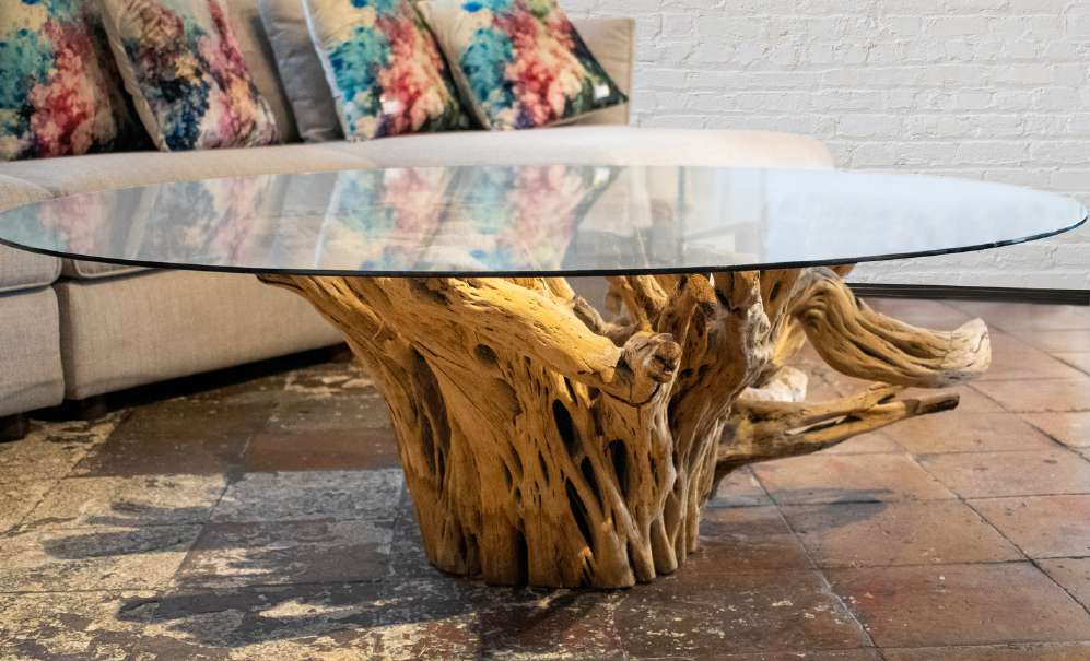 Cactus wood coffee table with round glass top