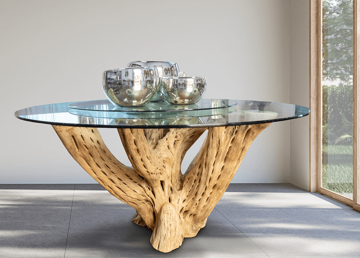 Cactus wood dining table with glass top