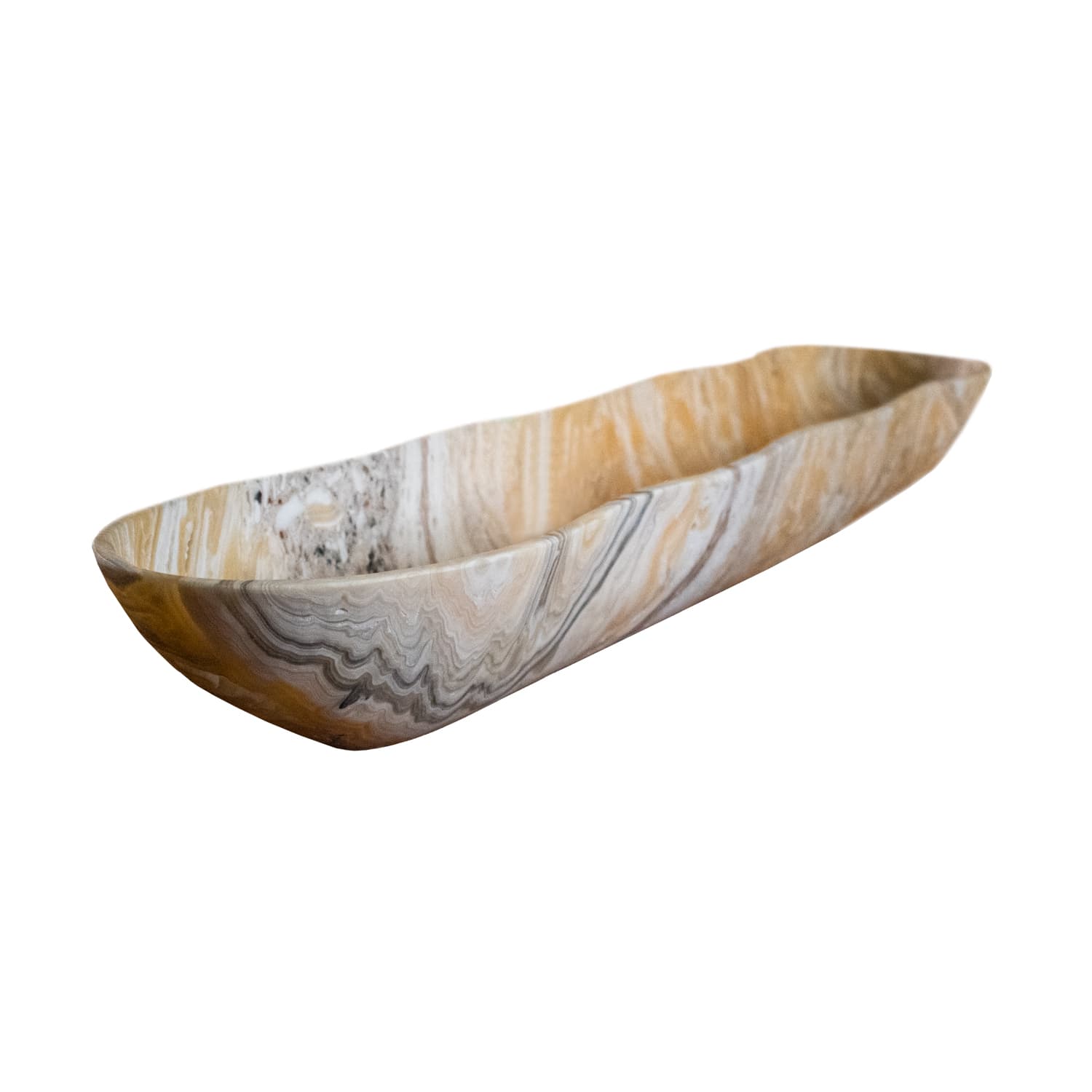 Long carved onyx vessel with gray banding