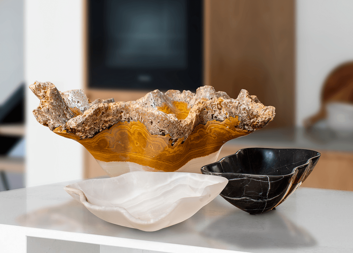 Group of onyx bowls in a modern kitchen