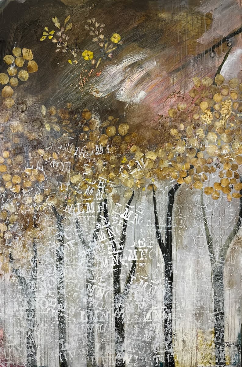 Thoughts by Tere Casas, mixed media on canvas painting at El Dorado Gallery