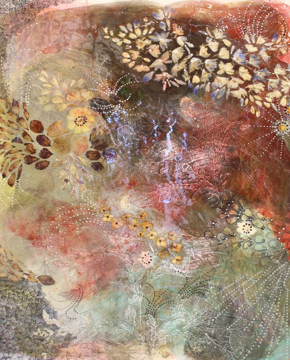Yet, It Still Bloomed by Tere Casas, mixed media on canvas painting at El Dorado Gallery