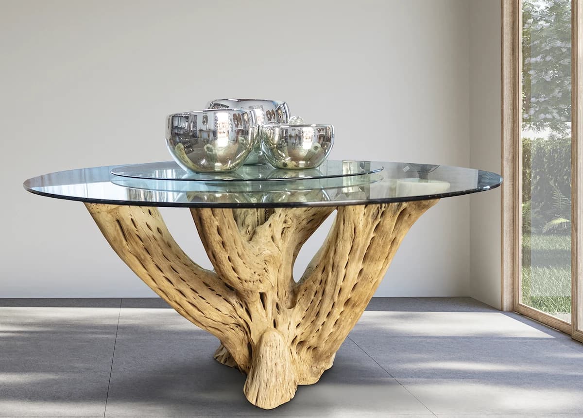 Cactus wood dining table with glass top